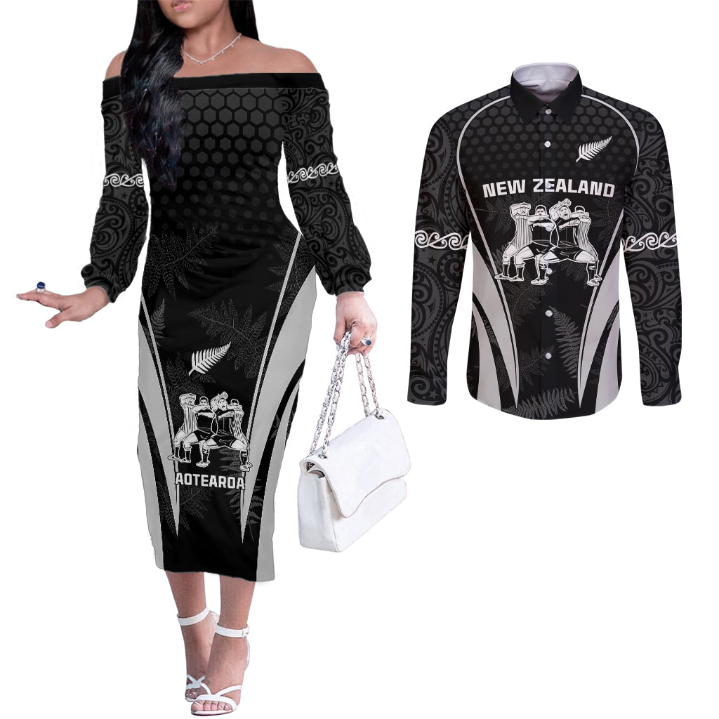 New Zealand Aotearoa Rugby Couples Matching Off The Shoulder Long Sleeve Dress and Long Sleeve Button Shirt Haka Dance Mixed Silver Fern Sporty Style LT9 Black - Polynesian Pride