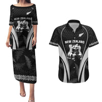 New Zealand Aotearoa Rugby Couples Matching Puletasi Dress and Hawaiian Shirt Haka Dance Mixed Silver Fern Sporty Style LT9 Black - Polynesian Pride