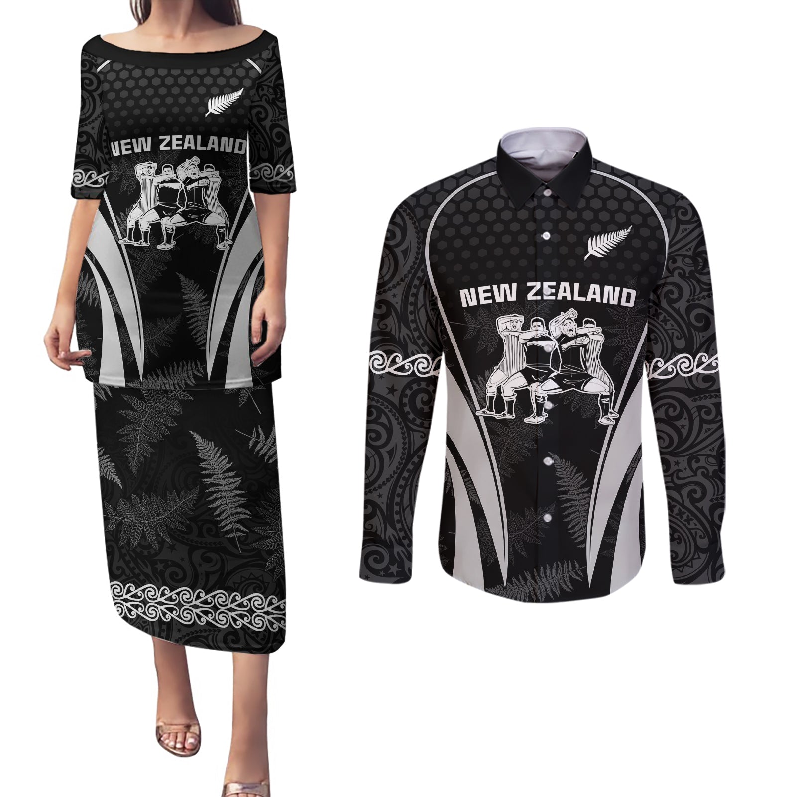 New Zealand Aotearoa Rugby Couples Matching Puletasi Dress and Long Sleeve Button Shirt Haka Dance Mixed Silver Fern Sporty Style LT9 Black - Polynesian Pride