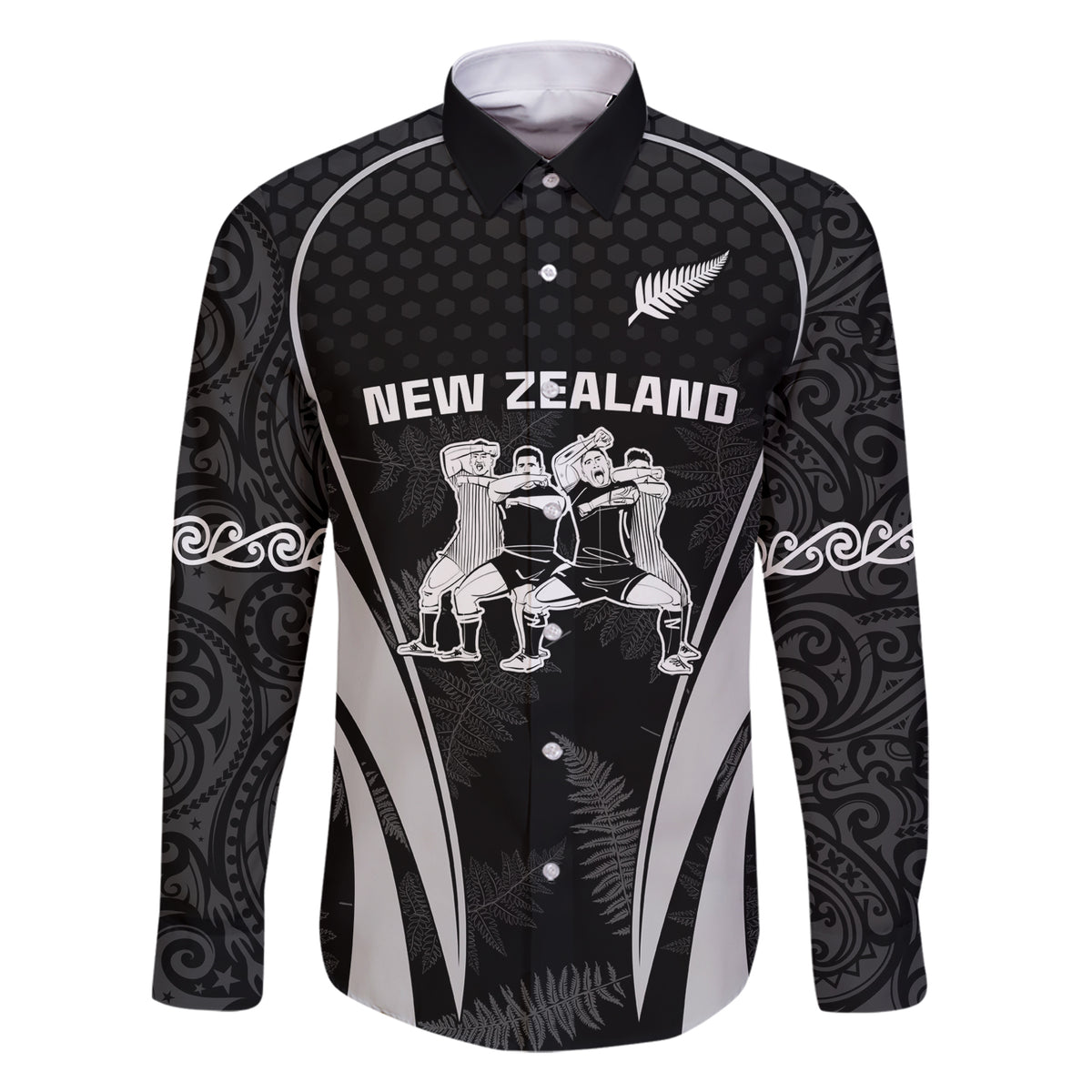 New Zealand Aotearoa Rugby Family Matching Short Sleeve Bodycon Dress and Hawaiian Shirt Haka Dance Mixed Silver Fern Sporty Style LT9 Dad's Shirt - Long Sleeve Black - Polynesian Pride