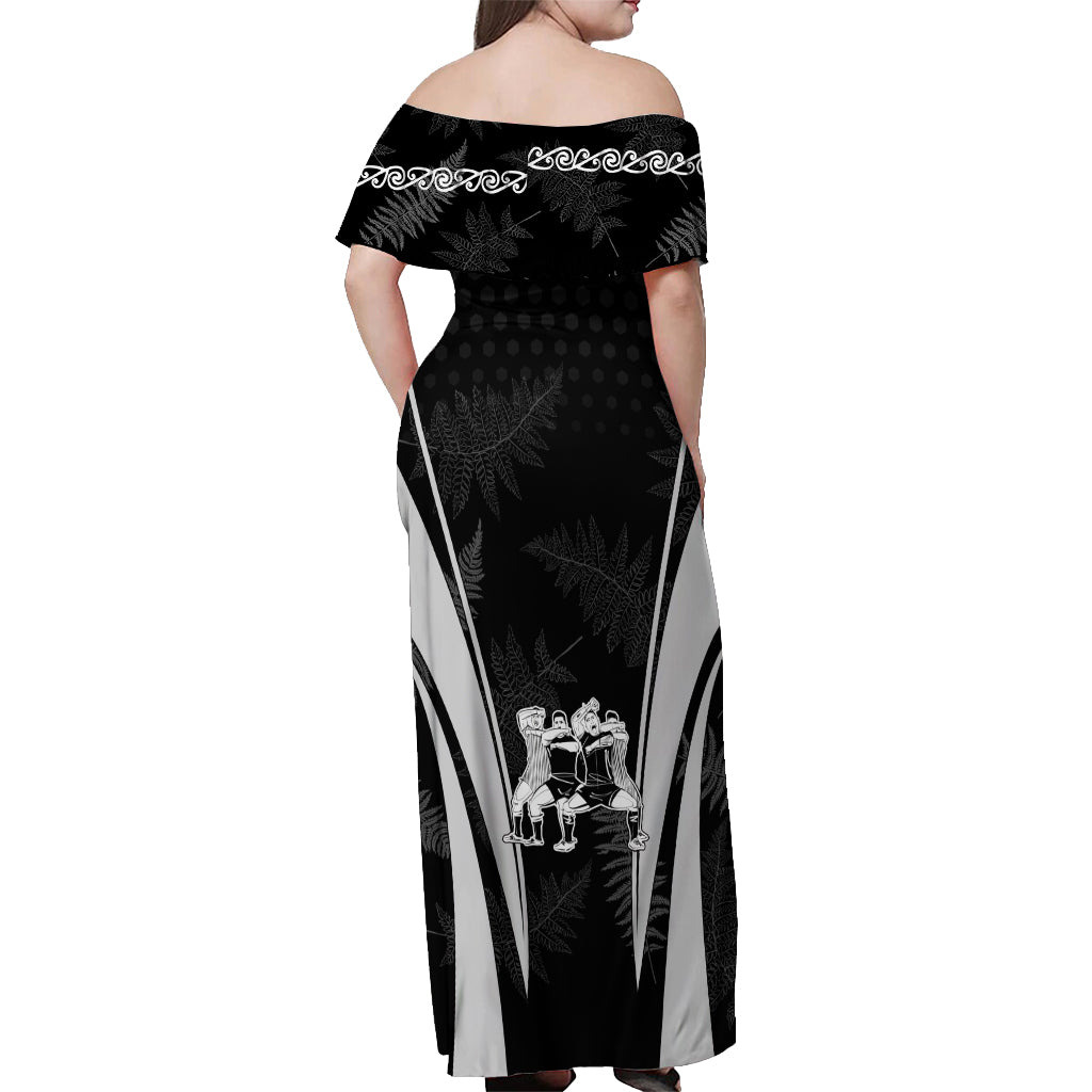 New Zealand Aotearoa Rugby Off Shoulder Maxi Dress Haka Dance Mixed Silver Fern Sporty Style LT9 - Polynesian Pride
