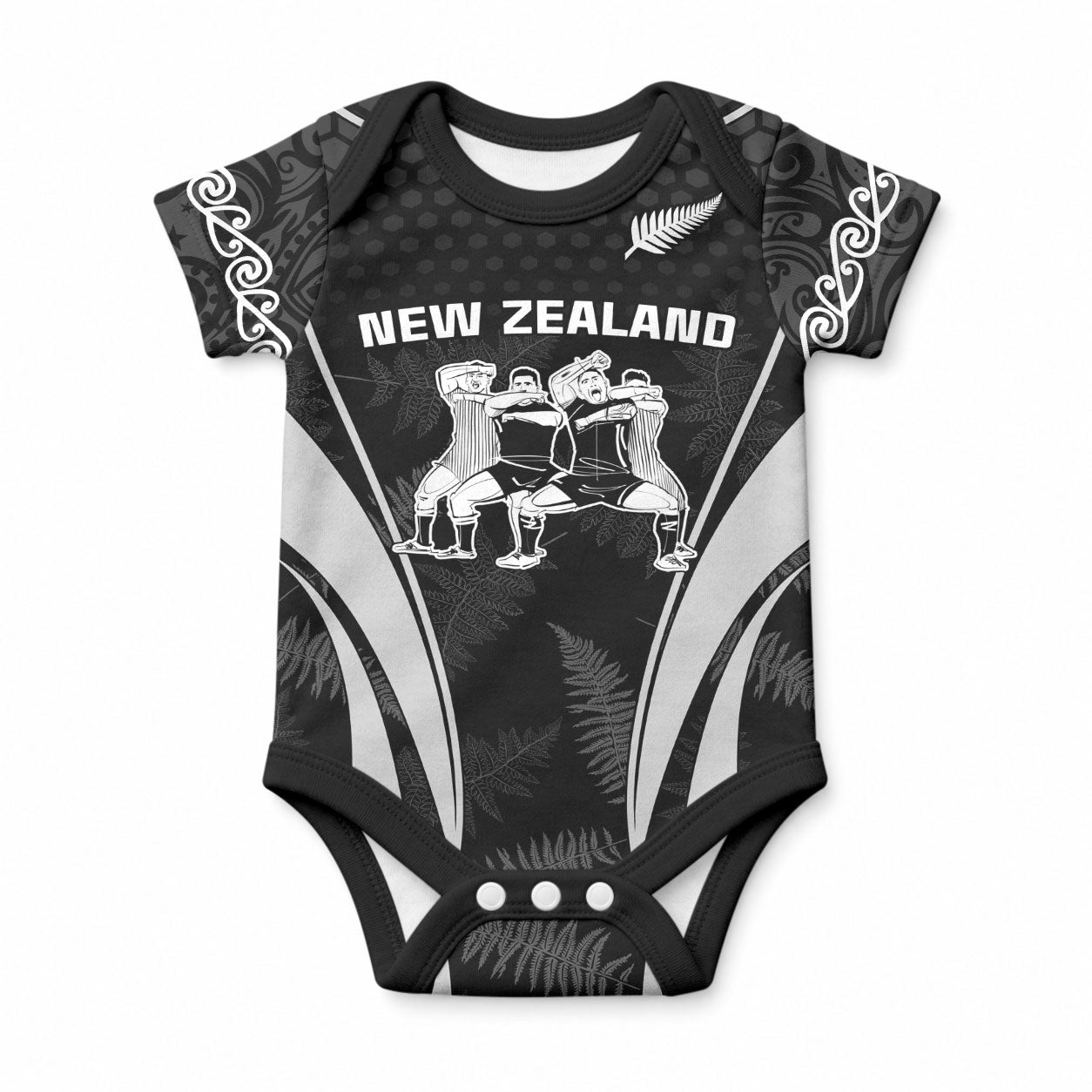 Custom New Zealand Aotearoa Rugby Baby Onesie Haka Dance Mixed Silver Fern Sporty Style LT9 Black - Polynesian Pride