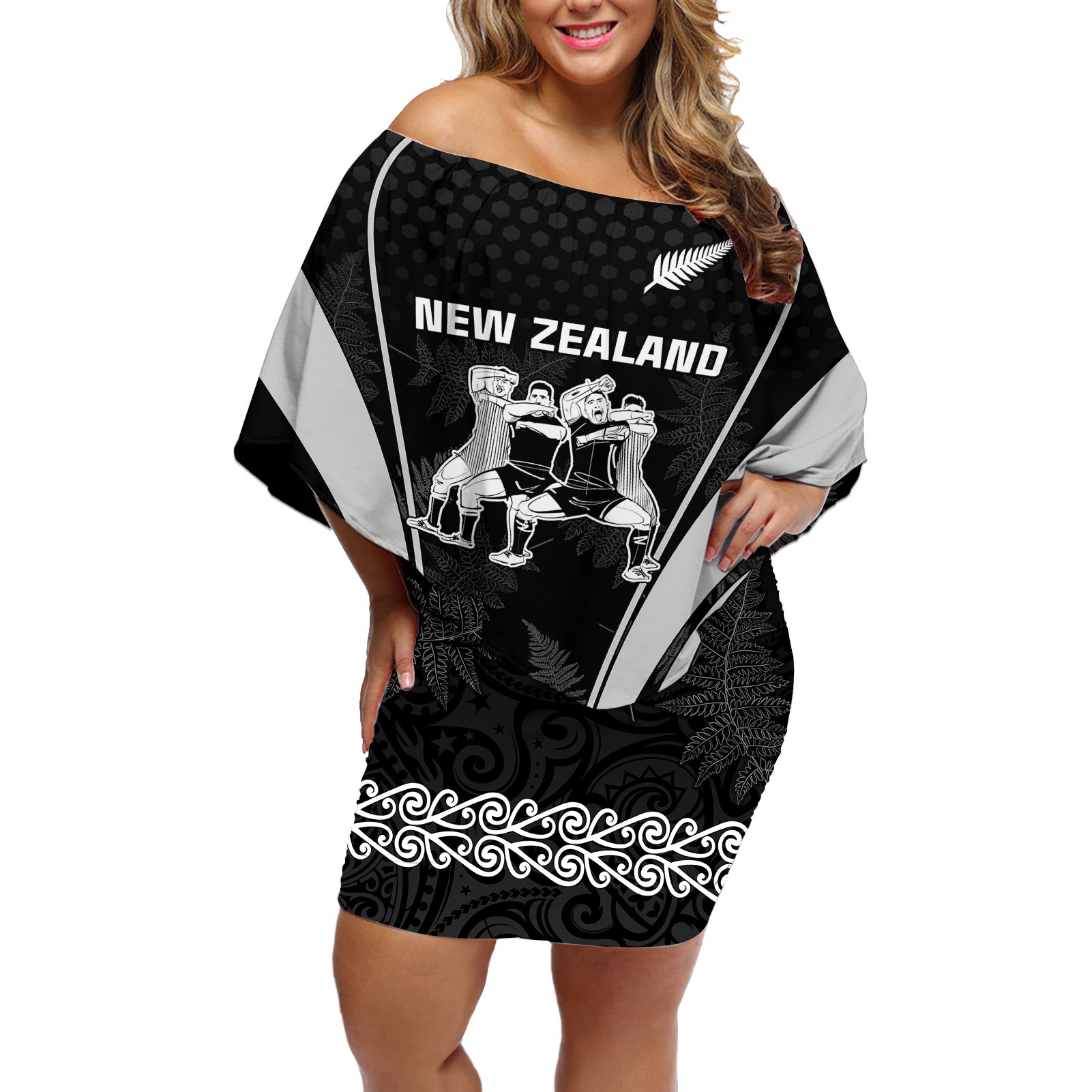 Custom New Zealand Aotearoa Rugby Off Shoulder Short Dress Haka Dance Mixed Silver Fern Sporty Style LT9 Women Black - Polynesian Pride