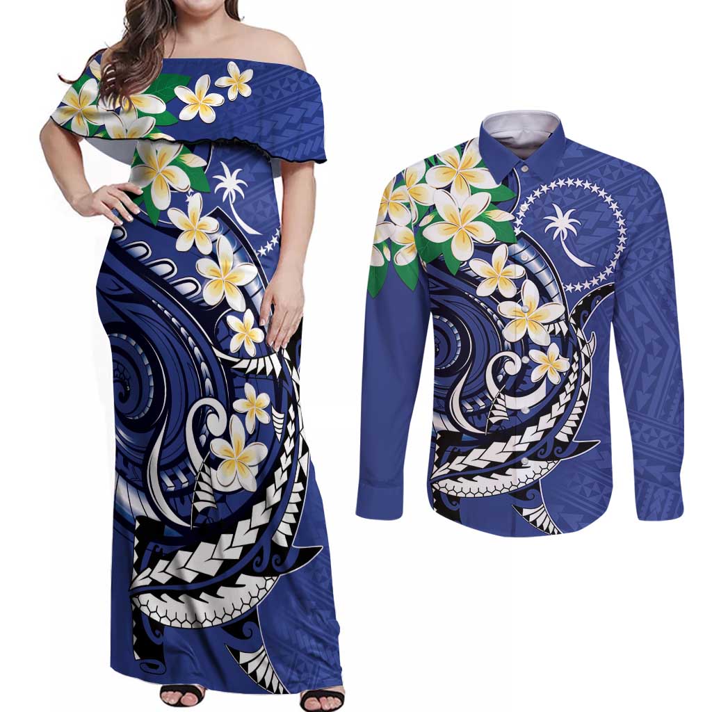 FSM Chuuk State Polynesian Shark Tattoo Personalised Couples Matching Off Shoulder Maxi Dress and Long Sleeve Button Shirt