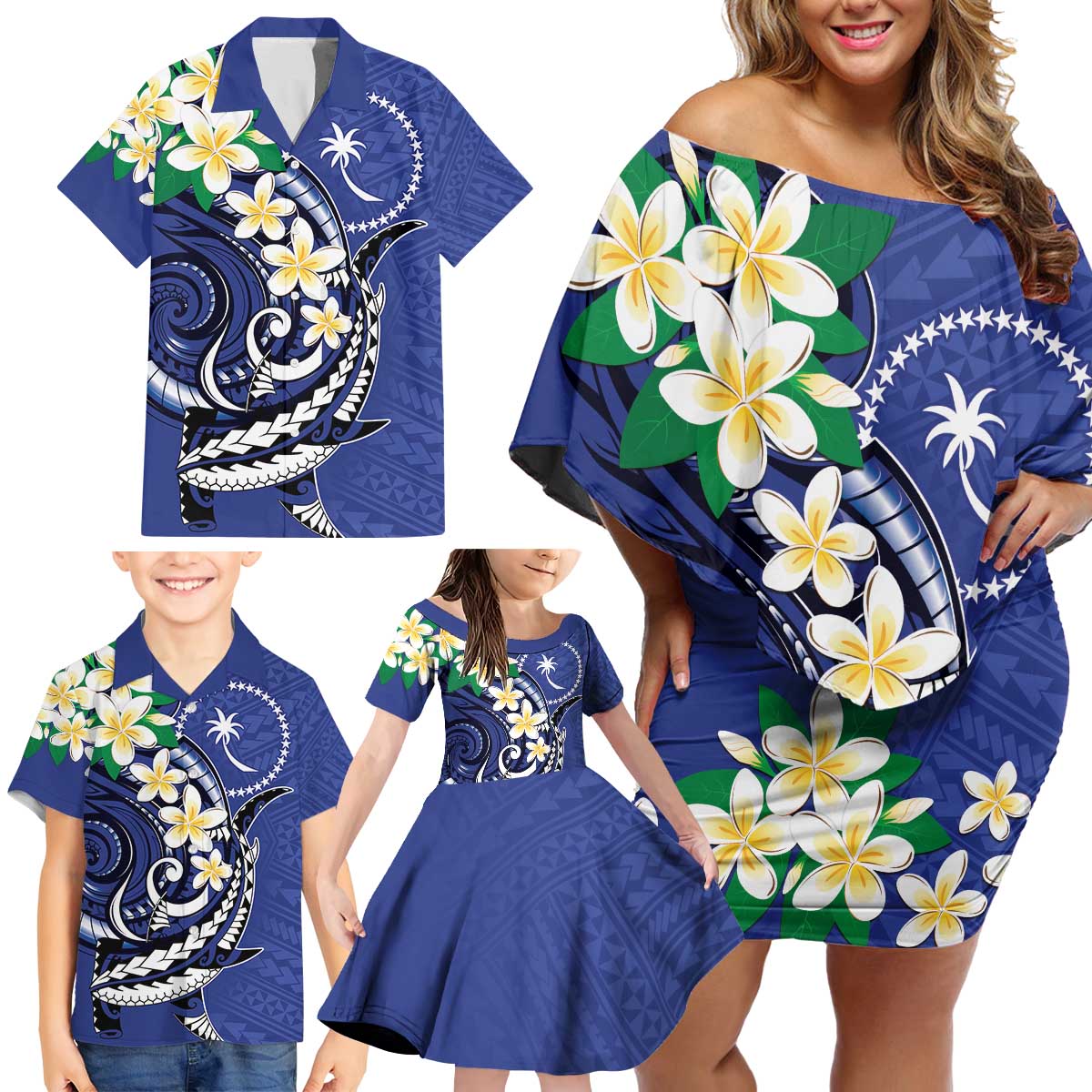 FSM Chuuk State Polynesian Shark Tattoo Personalised Family Matching Off Shoulder Short Dress and Hawaiian Shirt