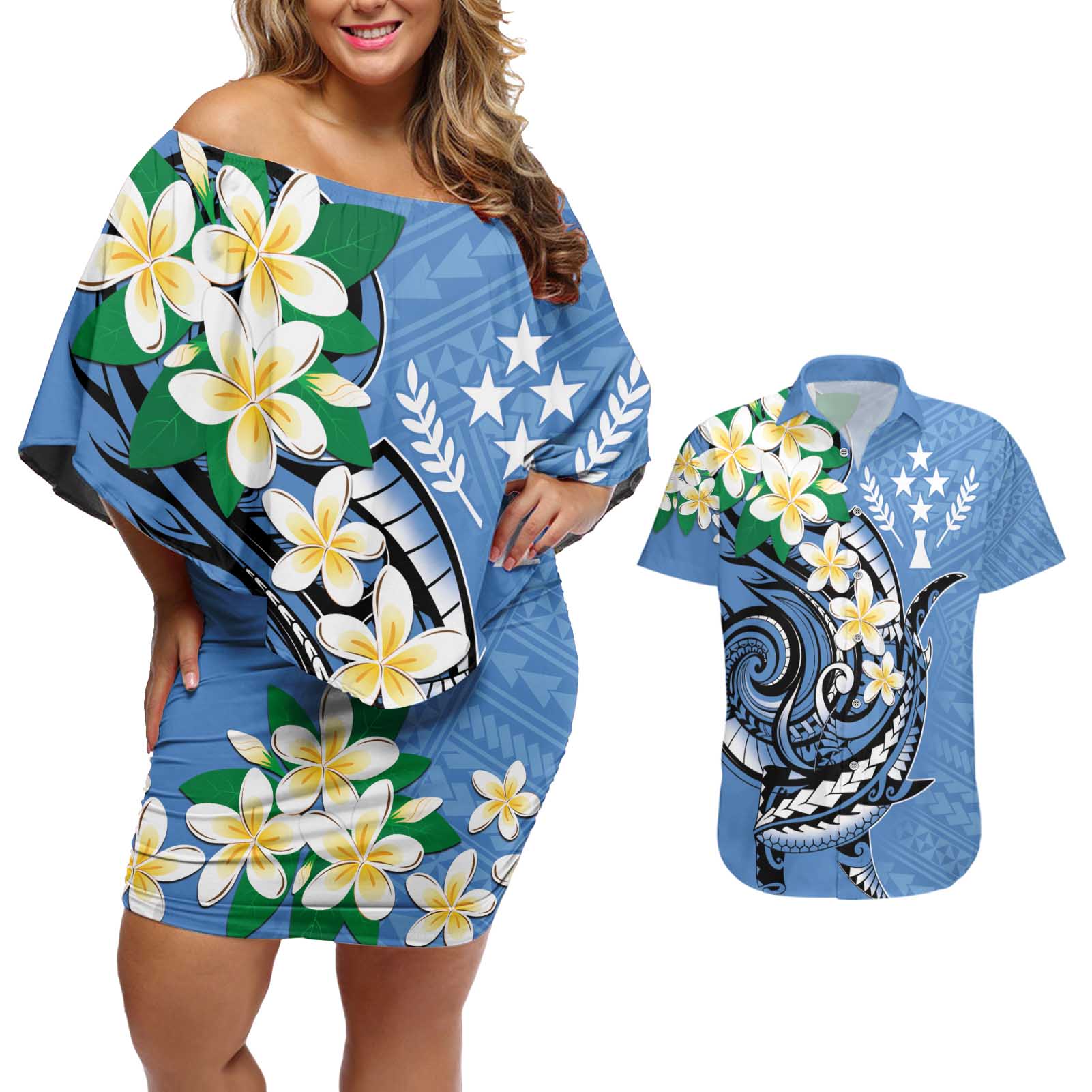 FSM Kosrae Polynesian Shark Tattoo Personalised Couples Matching Off Shoulder Short Dress and Hawaiian Shirt