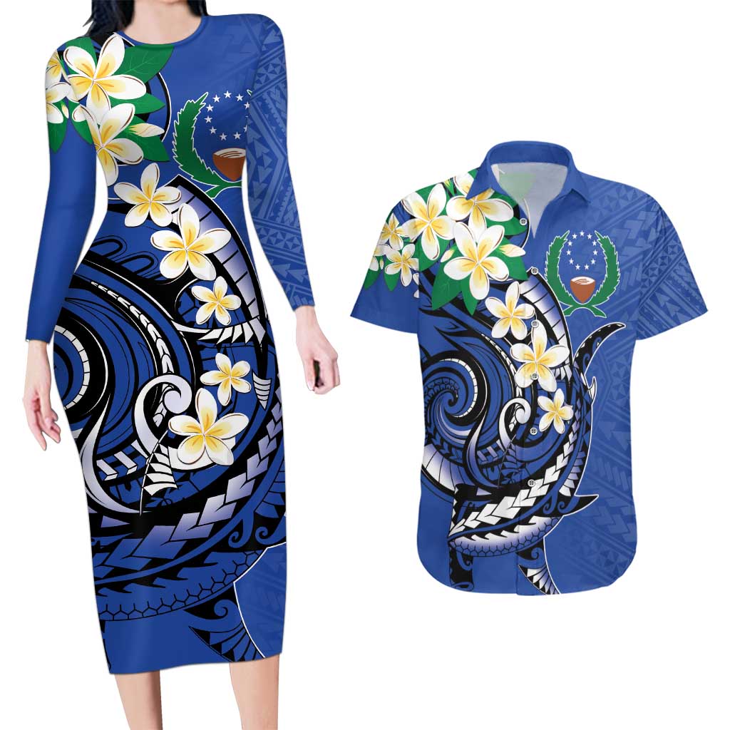 FSM Pohnpei Polynesian Shark Tattoo Personalised Couples Matching Long Sleeve Bodycon Dress and Hawaiian Shirt