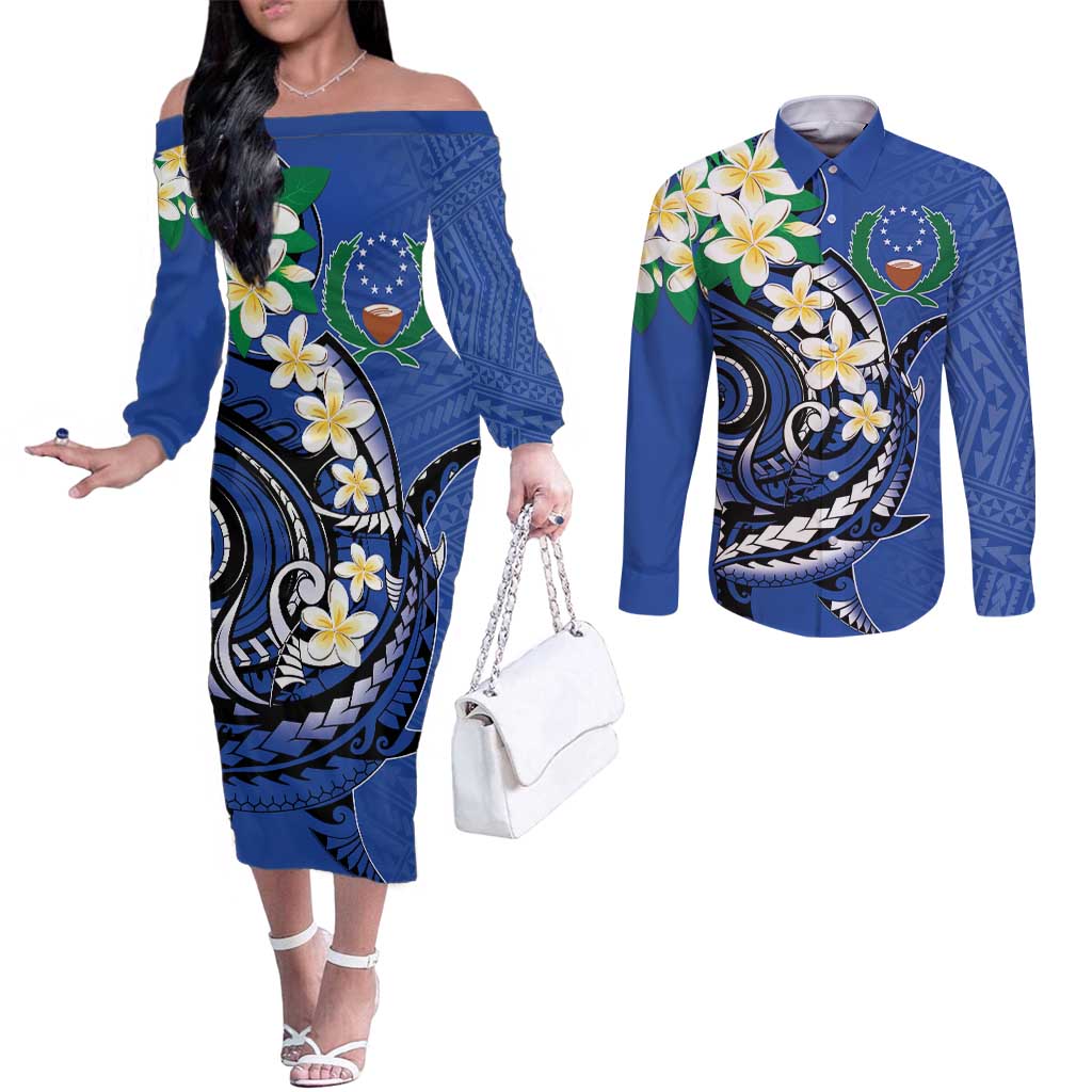 FSM Pohnpei Polynesian Shark Tattoo Personalised Couples Matching Off The Shoulder Long Sleeve Dress and Long Sleeve Button Shirt