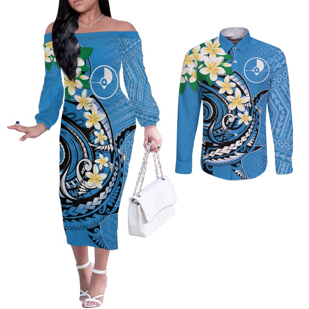 FSM Yap State Polynesian Shark Tattoo Personalised Couples Matching Off The Shoulder Long Sleeve Dress and Long Sleeve Button Shirt