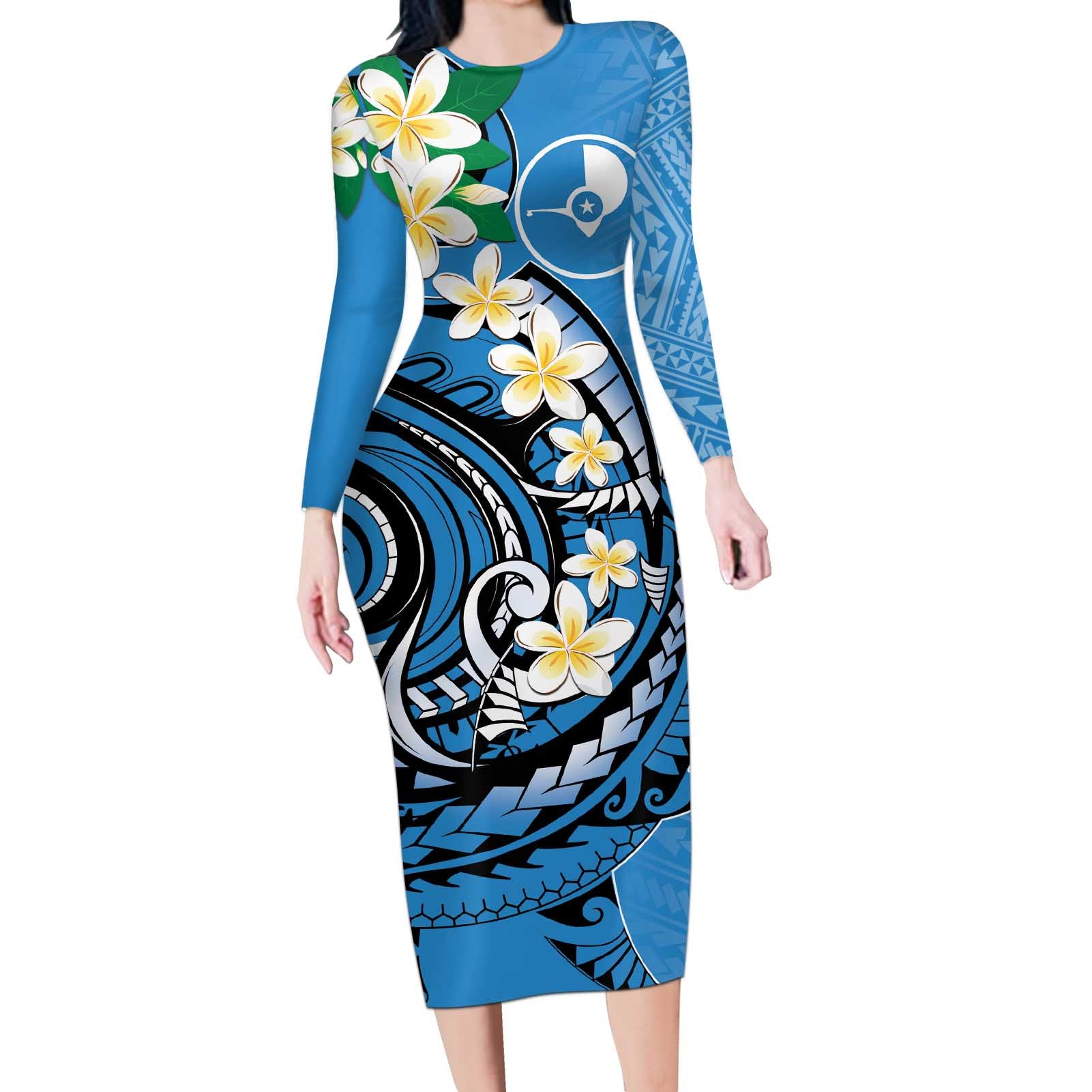 FSM Yap State Polynesian Shark Tattoo Personalised Long Sleeve Bodycon Dress