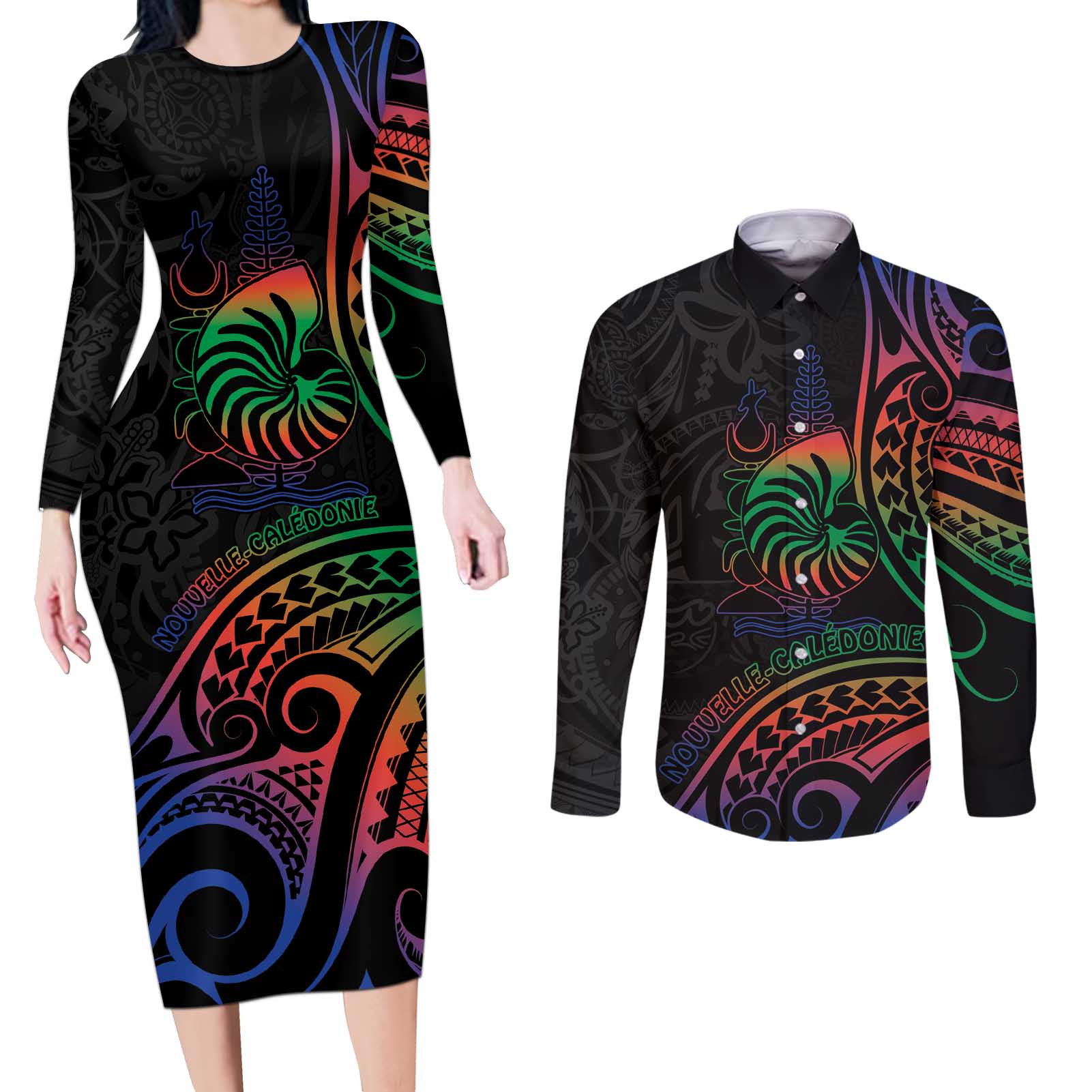 New Caledonia Polynesian Tatoo Personalised Couples Matching Long Sleeve Bodycon Dress and Long Sleeve Button Shirt