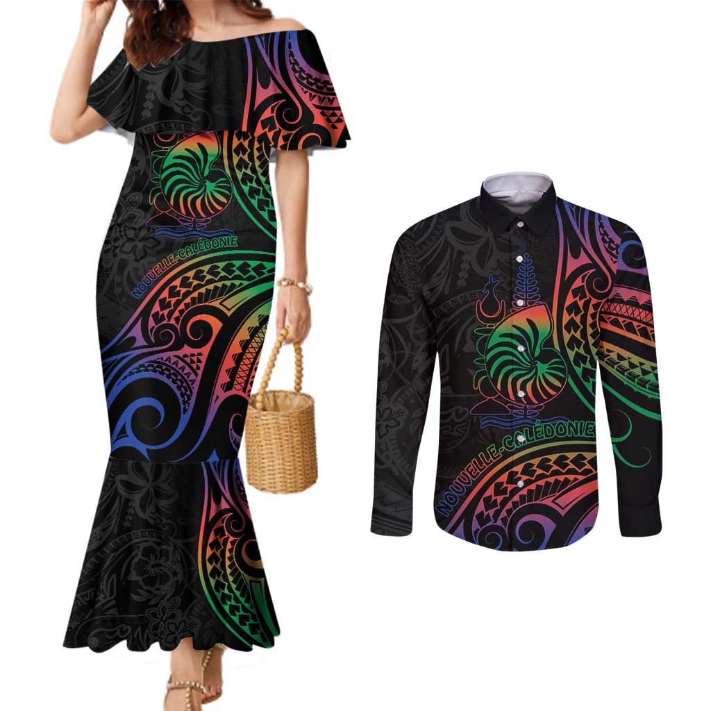 New Caledonia Polynesian Tatoo Personalised Couples Matching Mermaid Dress and Long Sleeve Button Shirt