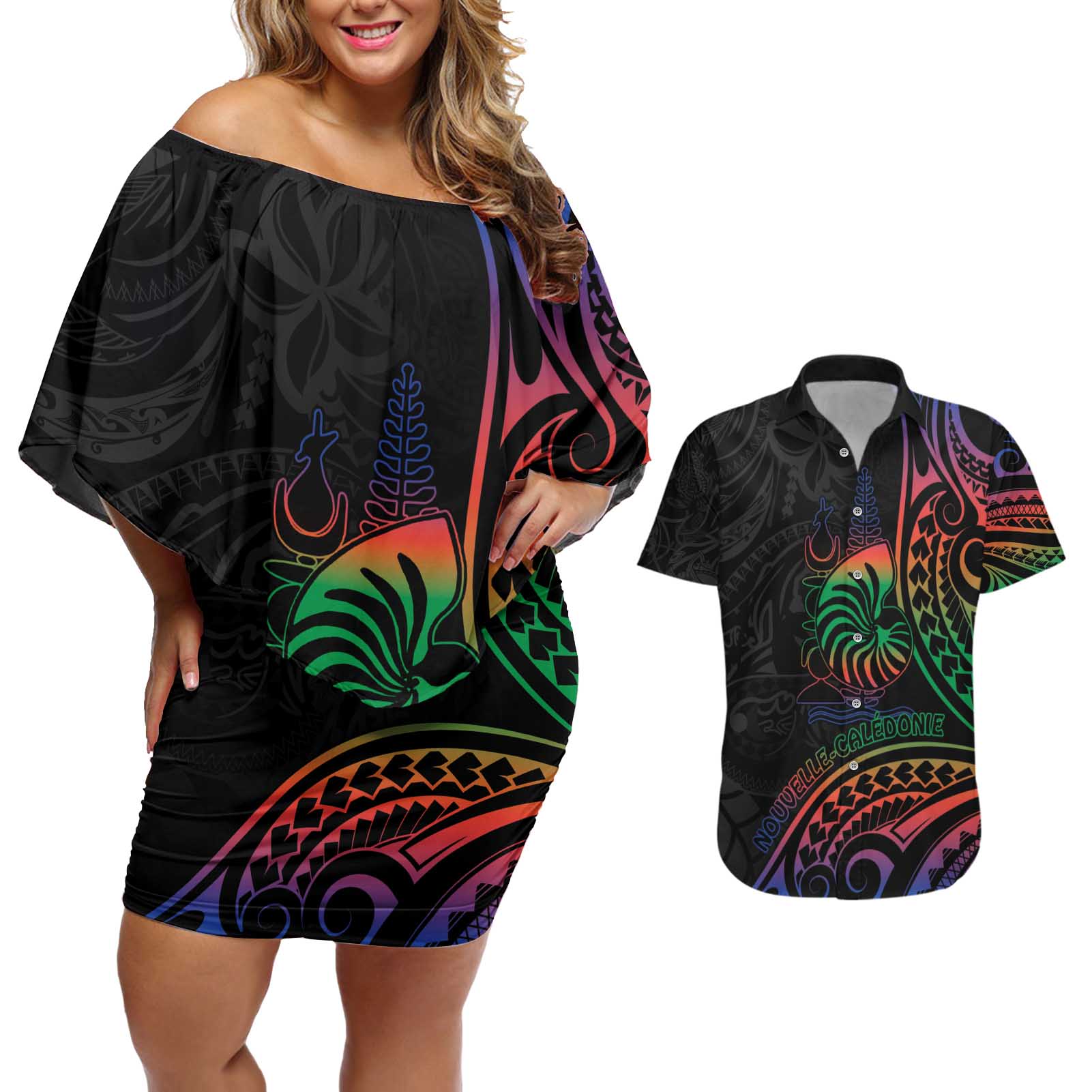 New Caledonia Polynesian Tatoo Personalised Couples Matching Off Shoulder Short Dress and Hawaiian Shirt