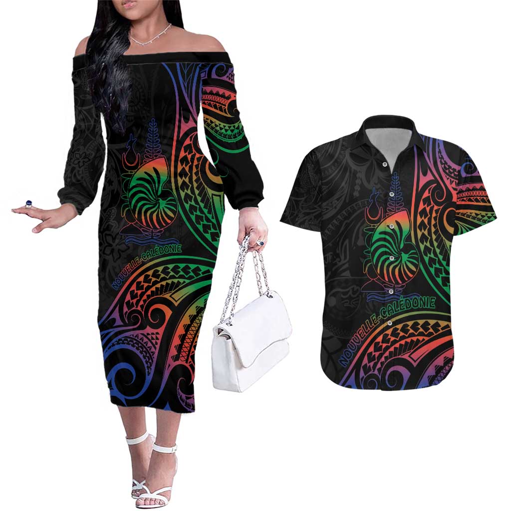 New Caledonia Polynesian Tatoo Personalised Couples Matching Off The Shoulder Long Sleeve Dress and Hawaiian Shirt