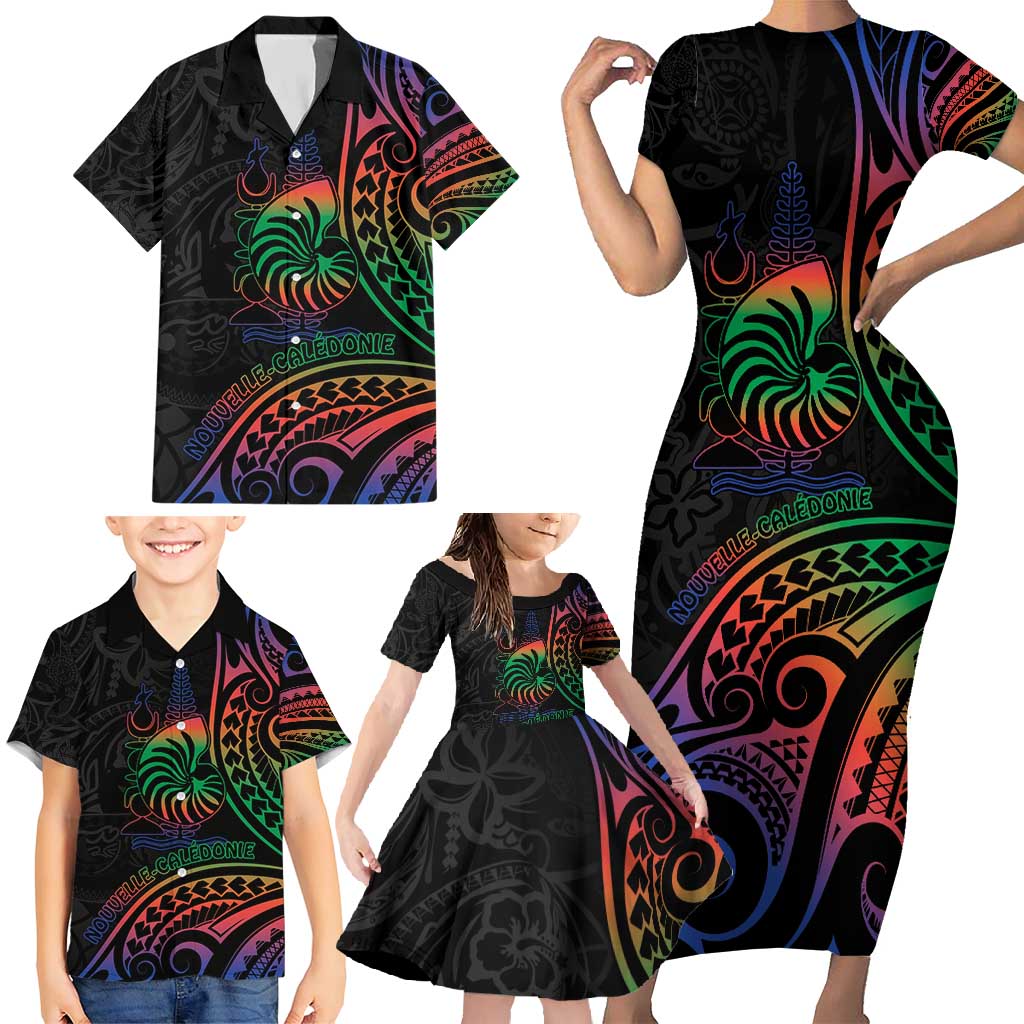 New Caledonia Polynesian Tatoo Personalised Family Matching Short Sleeve Bodycon Dress and Hawaiian Shirt