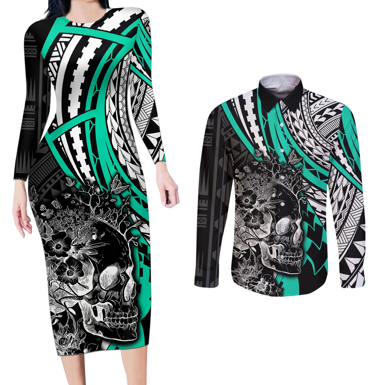 personalised-polynesia-skull-couples-matching-long-sleeve-bodycon-dress-and-long-sleeve-button-shirts-tattoo-in-the-style-of-maori-with-marine-life-aqua