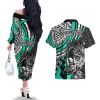 personalised-polynesia-skull-couples-matching-off-the-shoulder-long-sleeve-dress-and-hawaiian-shirt-tattoo-in-the-style-of-maori-with-marine-life-aqua