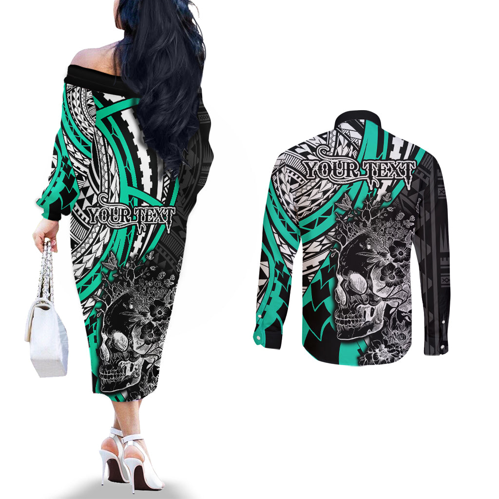 Personalised Polynesia Skull Couples Matching Off The Shoulder Long Sleeve Dress and Long Sleeve Button Shirts Tattoo In The Style Of Maori With Marine Life Aqua LT9 - Polynesian Pride