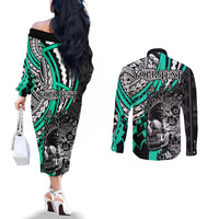 Personalised Polynesia Skull Couples Matching Off The Shoulder Long Sleeve Dress and Long Sleeve Button Shirts Tattoo In The Style Of Maori With Marine Life Aqua LT9 - Polynesian Pride