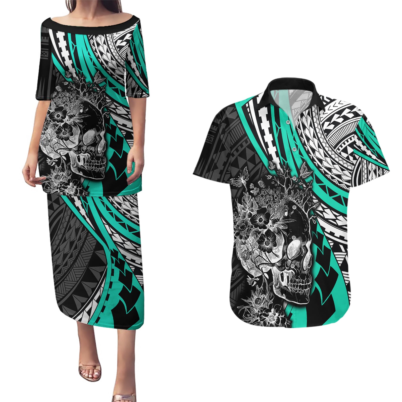personalised-polynesia-skull-couples-matching-puletasi-dress-and-hawaiian-shirt-tattoo-in-the-style-of-maori-with-marine-life-aqua