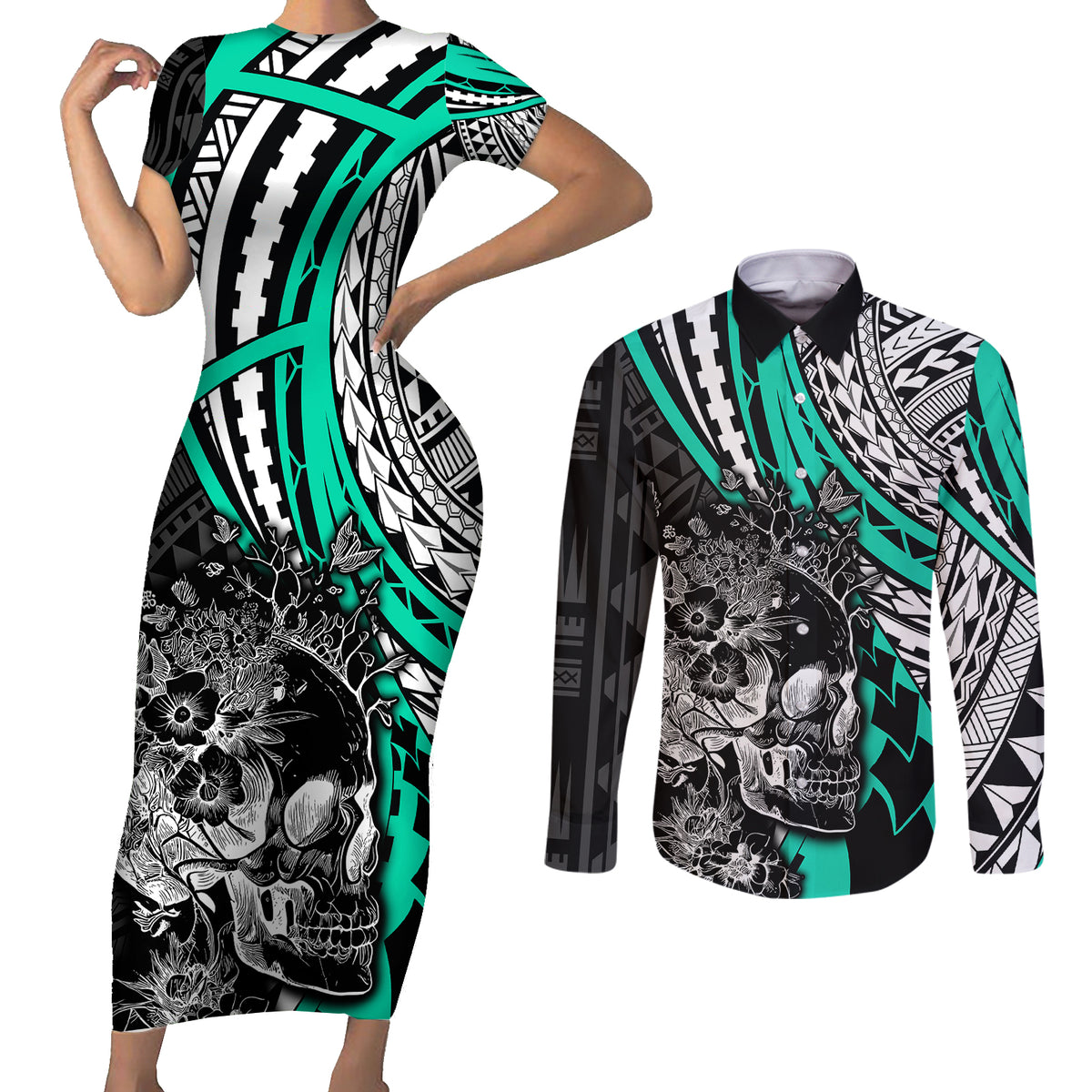 Personalised Polynesia Skull Couples Matching Short Sleeve Bodycon Dress and Long Sleeve Button Shirts Tattoo In The Style Of Maori With Marine Life Aqua LT9 Aqua - Polynesian Pride