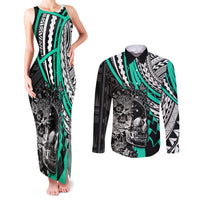Personalised Polynesia Skull Couples Matching Tank Maxi Dress and Long Sleeve Button Shirts Tattoo In The Style Of Maori With Marine Life Aqua LT9 Aqua - Polynesian Pride