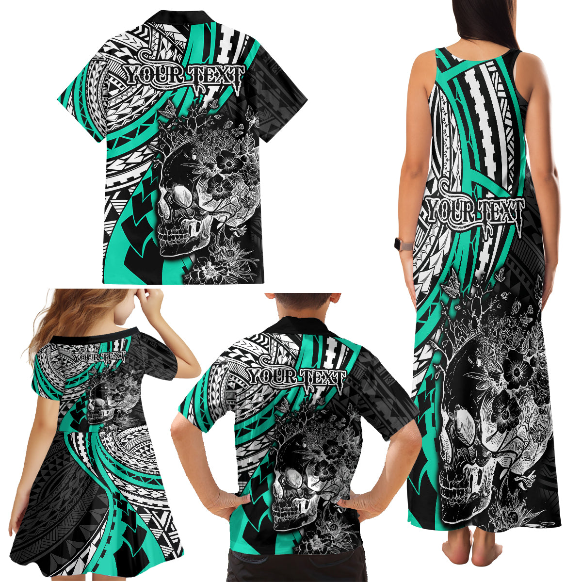 personalised-polynesia-skull-family-matching-tank-maxi-dress-and-hawaiian-shirt-tattoo-in-the-style-of-maori-with-marine-life-aqua