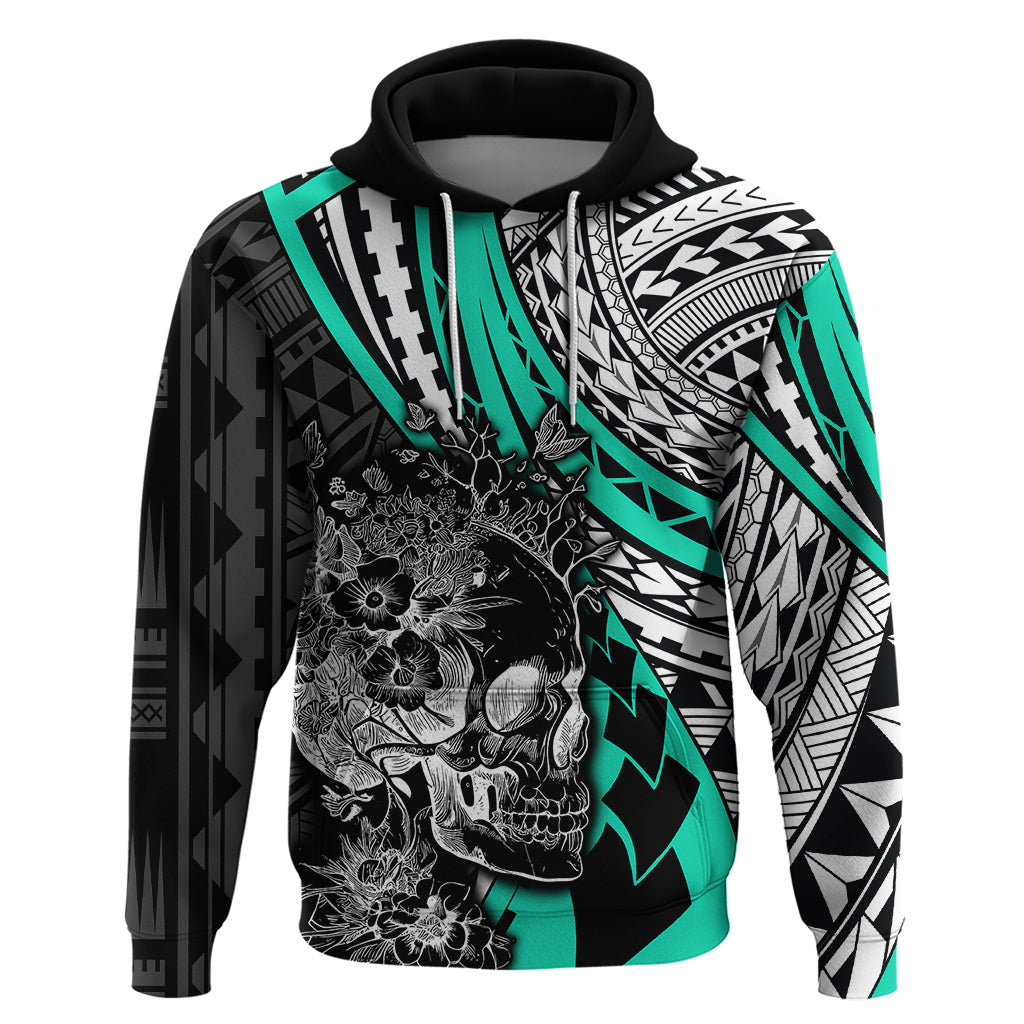 Personalised Polynesia Skull Hoodie Tattoo In The Style Of Maori With Marine Life Aqua LT9 Aqua - Polynesian Pride