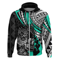Personalised Polynesia Skull Hoodie Tattoo In The Style Of Maori With Marine Life Aqua LT9 - Polynesian Pride