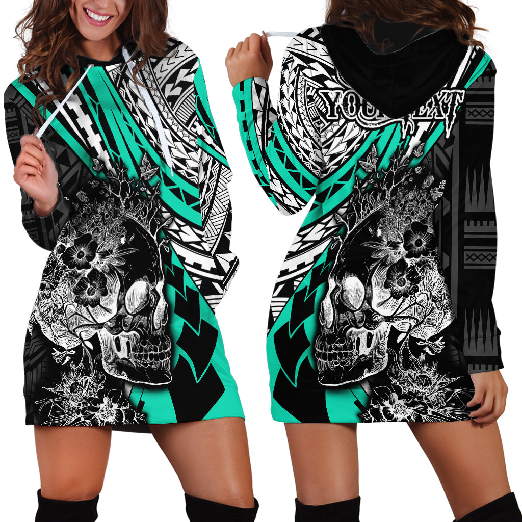 Personalised Polynesia Skull Hoodie Dress Tattoo In The Style Of Maori With Marine Life Aqua LT9 - Polynesian Pride