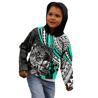 Personalised Polynesia Skull Kid Hoodie Tattoo In The Style Of Maori With Marine Life Aqua LT9 - Polynesian Pride