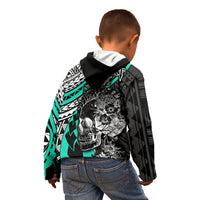 Personalised Polynesia Skull Kid Hoodie Tattoo In The Style Of Maori With Marine Life Aqua LT9 - Polynesian Pride