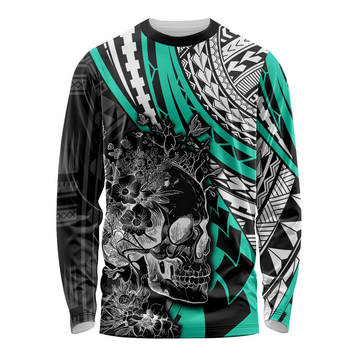 personalised-polynesia-skull-long-sleeve-shirt-tattoo-in-the-style-of-maori-with-marine-life-aqua