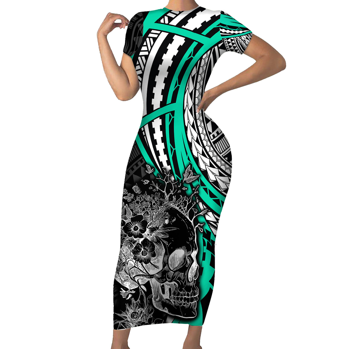 Personalised Polynesia Skull Short Sleeve Bodycon Dress Tattoo In The Style Of Maori With Marine Life Aqua LT9 Long Dress Aqua - Polynesian Pride