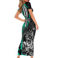 Personalised Polynesia Skull Short Sleeve Bodycon Dress Tattoo In The Style Of Maori With Marine Life Aqua LT9 - Polynesian Pride