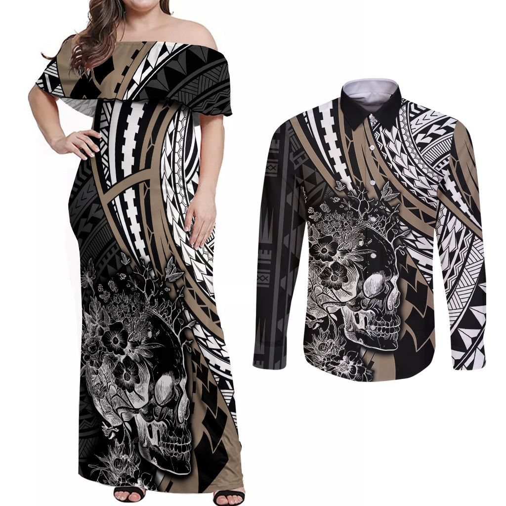 personalised-polynesia-skull-couples-matching-off-shoulder-maxi-dress-and-long-sleeve-button-shirts-tattoo-in-the-style-of-maori-with-marine-life-gold