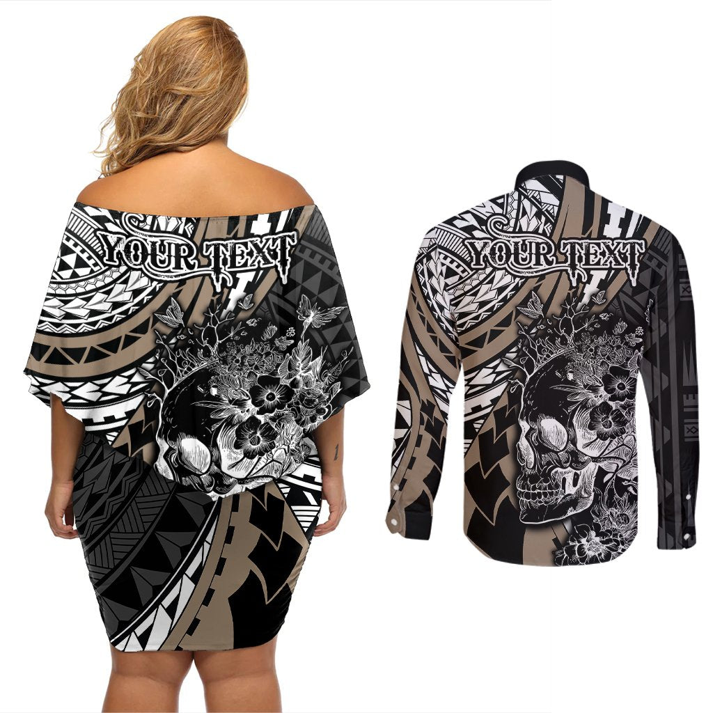 Personalised Polynesia Skull Couples Matching Off Shoulder Short Dress and Long Sleeve Button Shirts Tattoo In The Style Of Maori With Marine Life Gold LT9 - Polynesian Pride