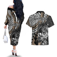 personalised-polynesia-skull-couples-matching-off-the-shoulder-long-sleeve-dress-and-hawaiian-shirt-tattoo-in-the-style-of-maori-with-marine-life-gold