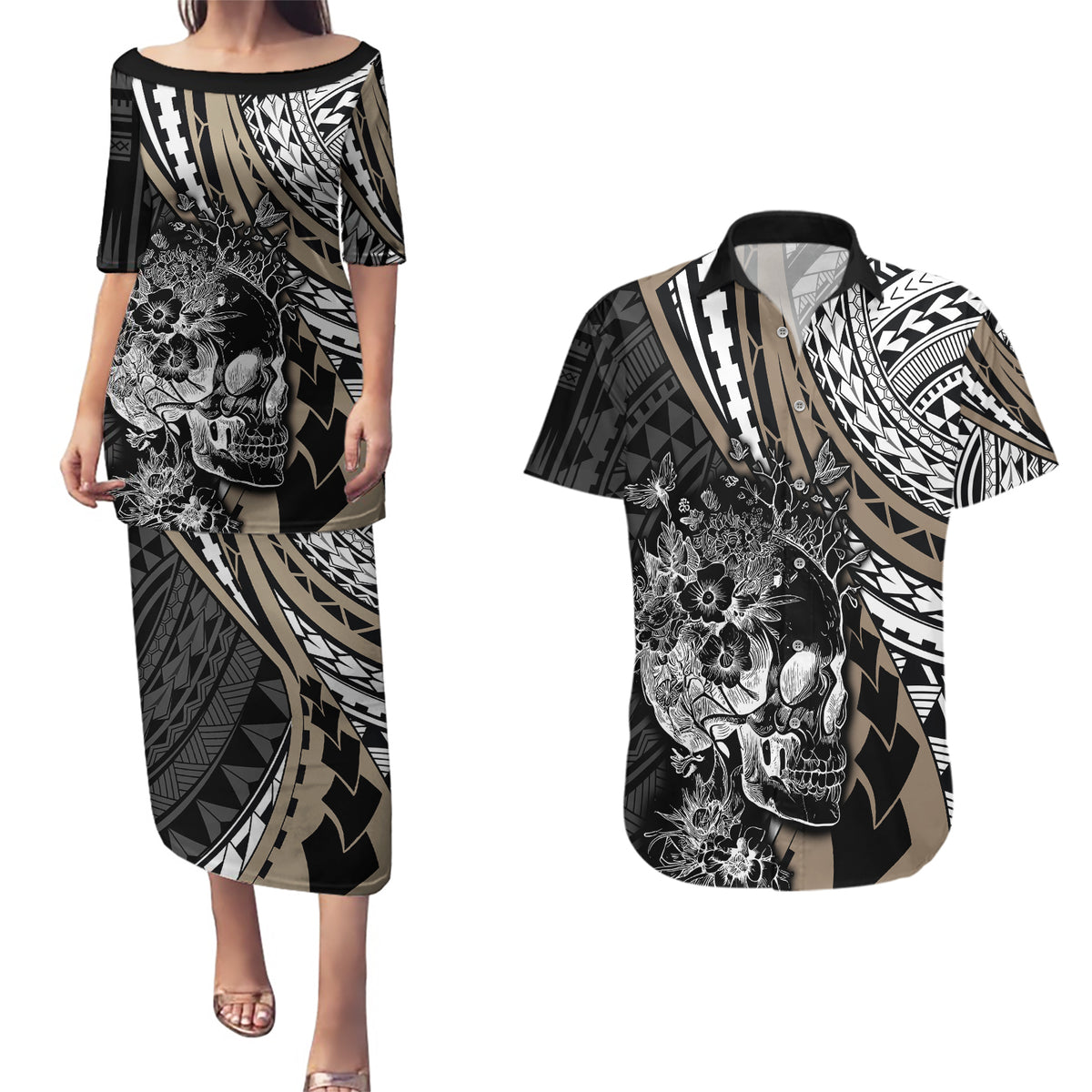 personalised-polynesia-skull-couples-matching-puletasi-dress-and-hawaiian-shirt-tattoo-in-the-style-of-maori-with-marine-life-gold
