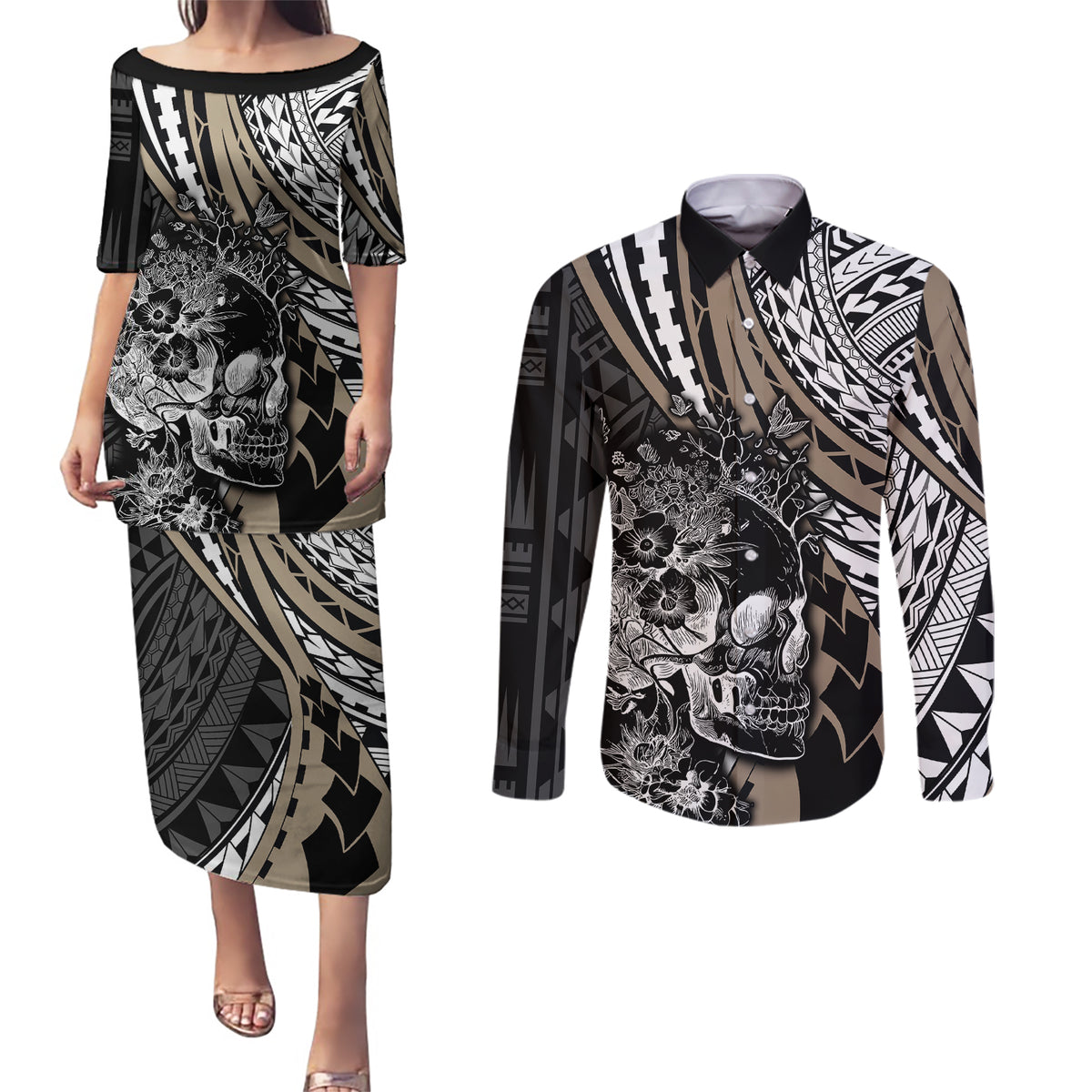 Personalised Polynesia Skull Couples Matching Puletasi Dress and Long Sleeve Button Shirts Tattoo In The Style Of Maori With Marine Life Gold LT9 Gold - Polynesian Pride