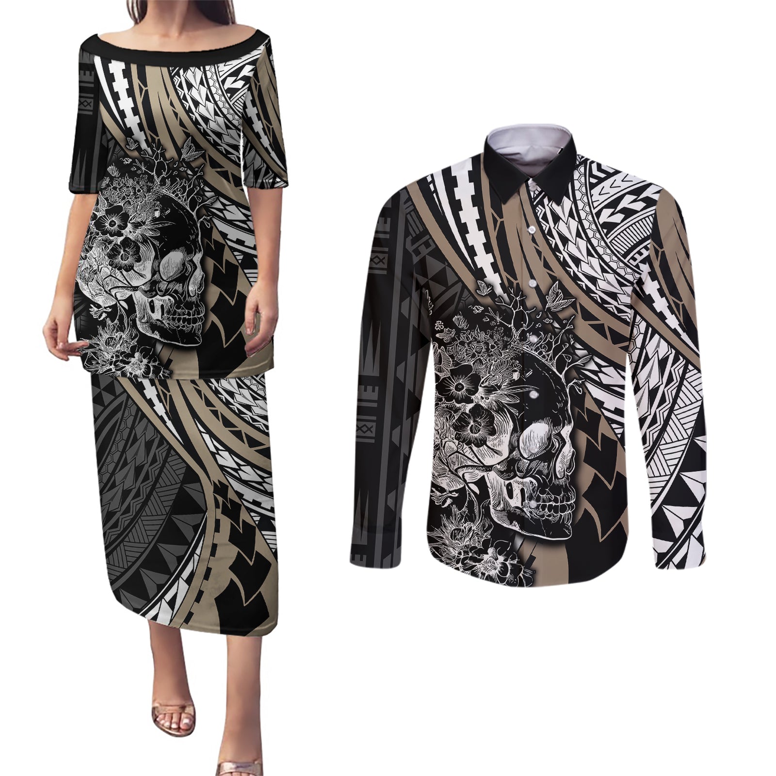 personalised-polynesia-skull-couples-matching-puletasi-dress-and-long-sleeve-button-shirts-tattoo-in-the-style-of-maori-with-marine-life-gold