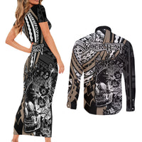 Personalised Polynesia Skull Couples Matching Short Sleeve Bodycon Dress and Long Sleeve Button Shirts Tattoo In The Style Of Maori With Marine Life Gold LT9 - Polynesian Pride
