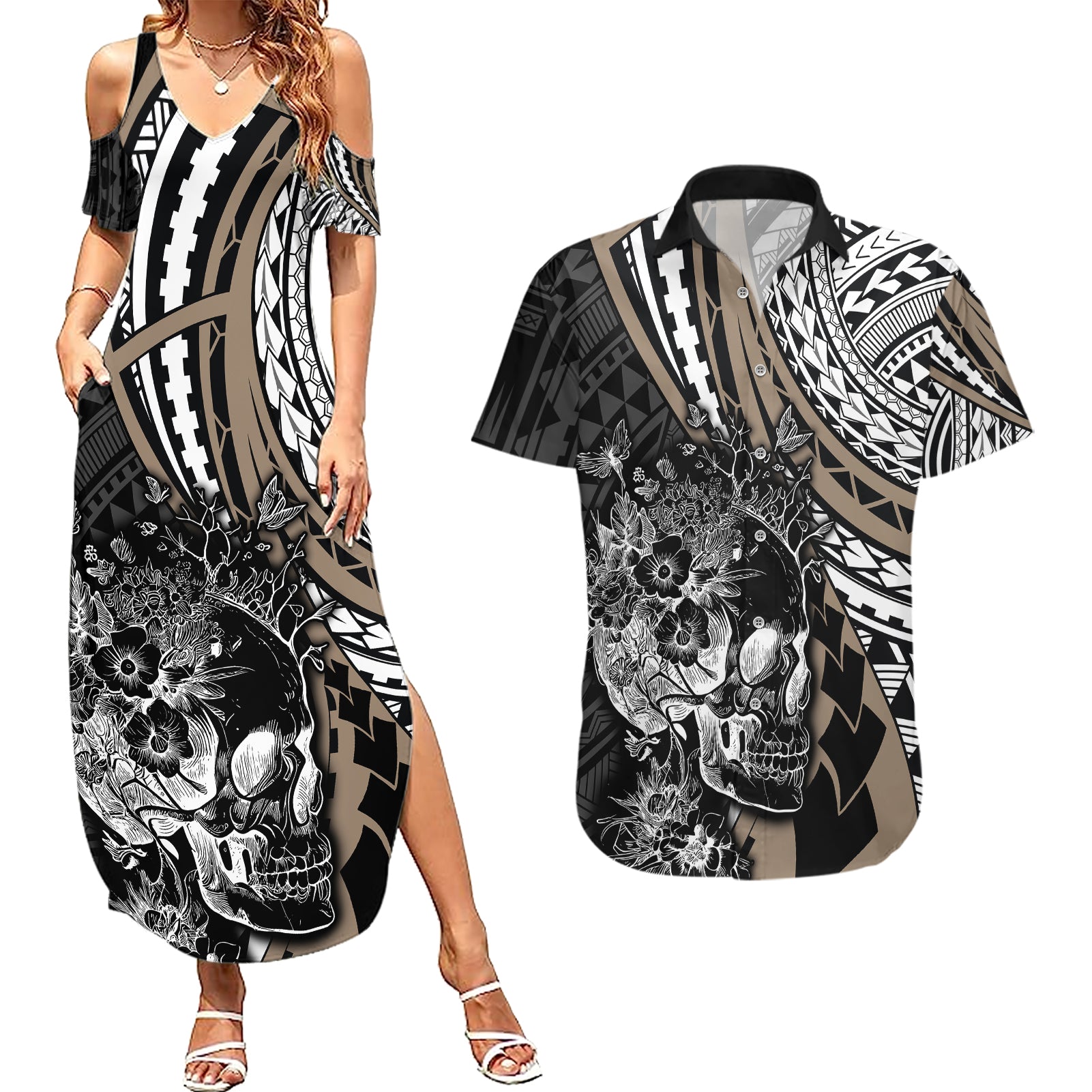 personalised-polynesia-skull-couples-matching-summer-maxi-dress-and-hawaiian-shirt-tattoo-in-the-style-of-maori-with-marine-life-gold