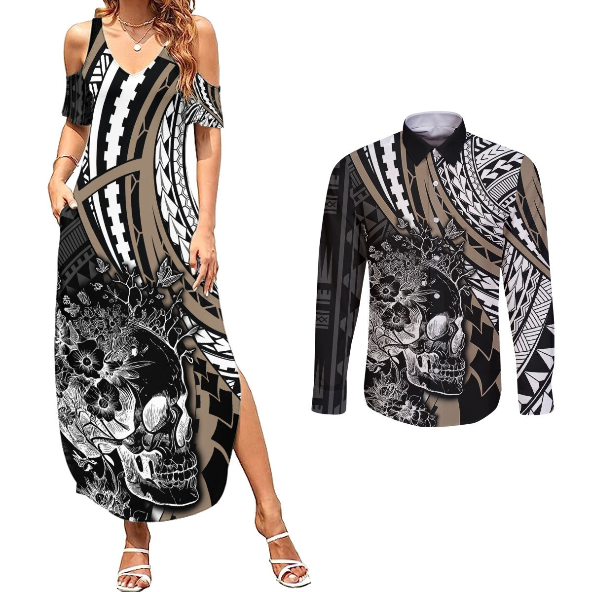 personalised-polynesia-skull-couples-matching-summer-maxi-dress-and-long-sleeve-button-shirts-tattoo-in-the-style-of-maori-with-marine-life-gold
