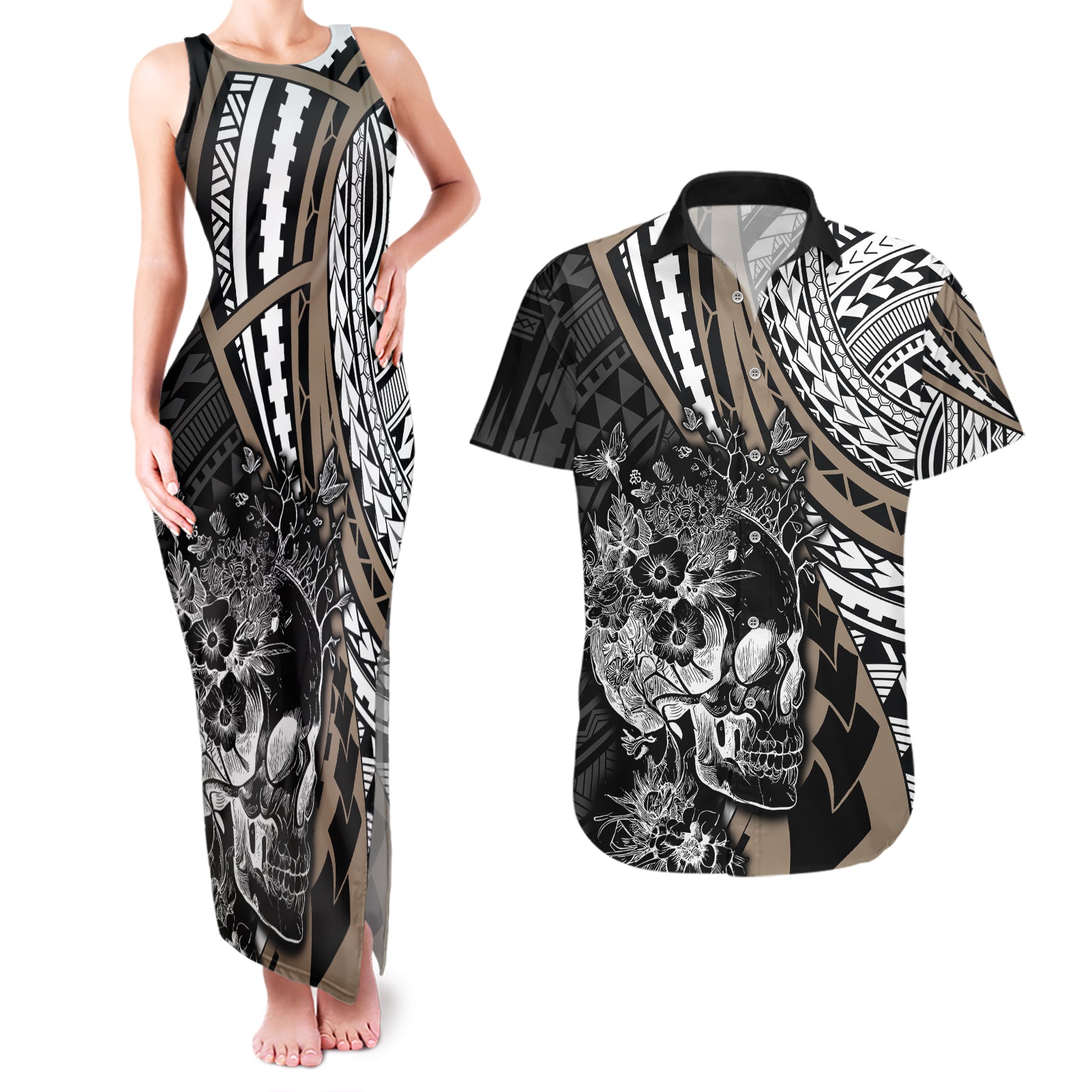 personalised-polynesia-skull-couples-matching-tank-maxi-dress-and-hawaiian-shirt-tattoo-in-the-style-of-maori-with-marine-life-gold