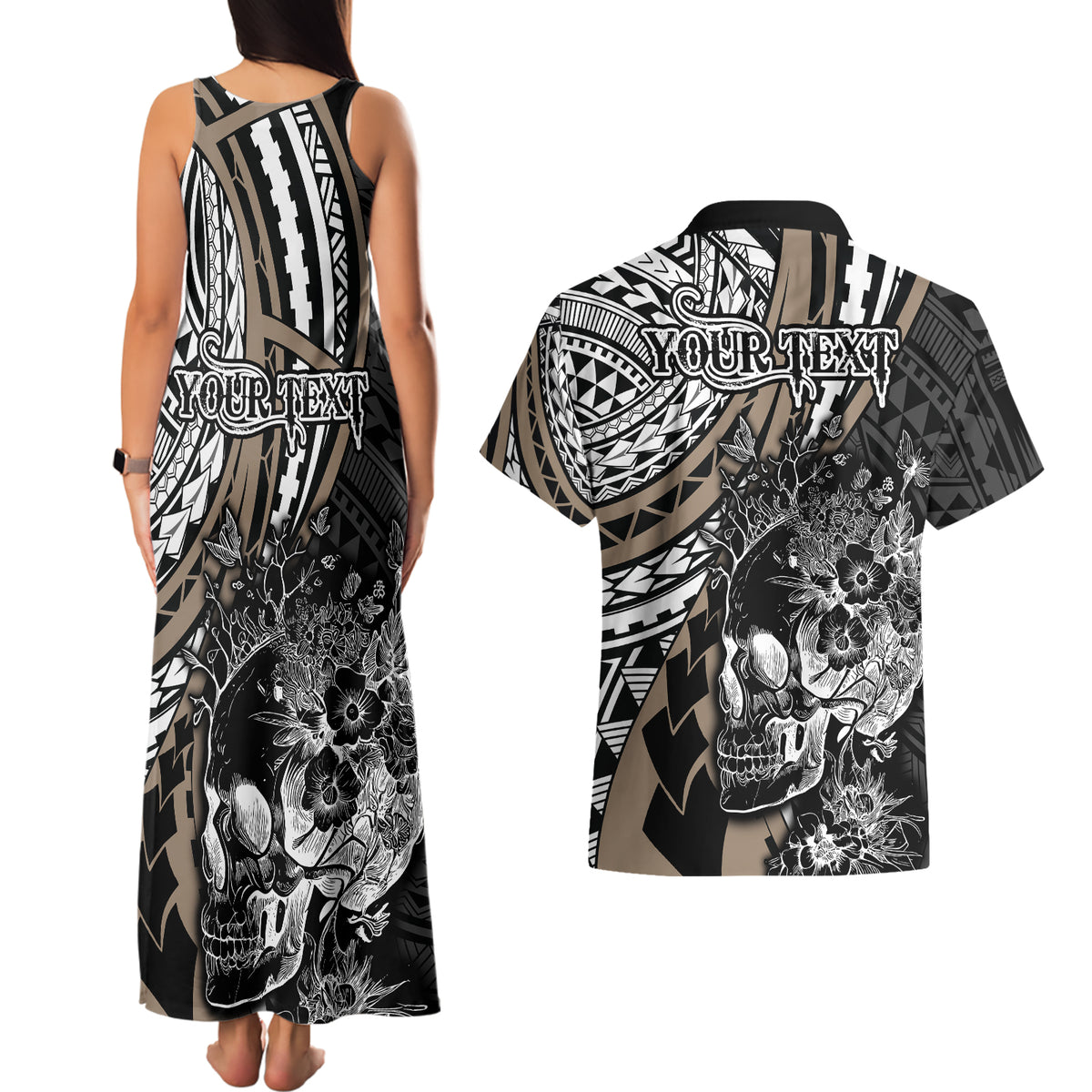 personalised-polynesia-skull-couples-matching-tank-maxi-dress-and-hawaiian-shirt-tattoo-in-the-style-of-maori-with-marine-life-gold