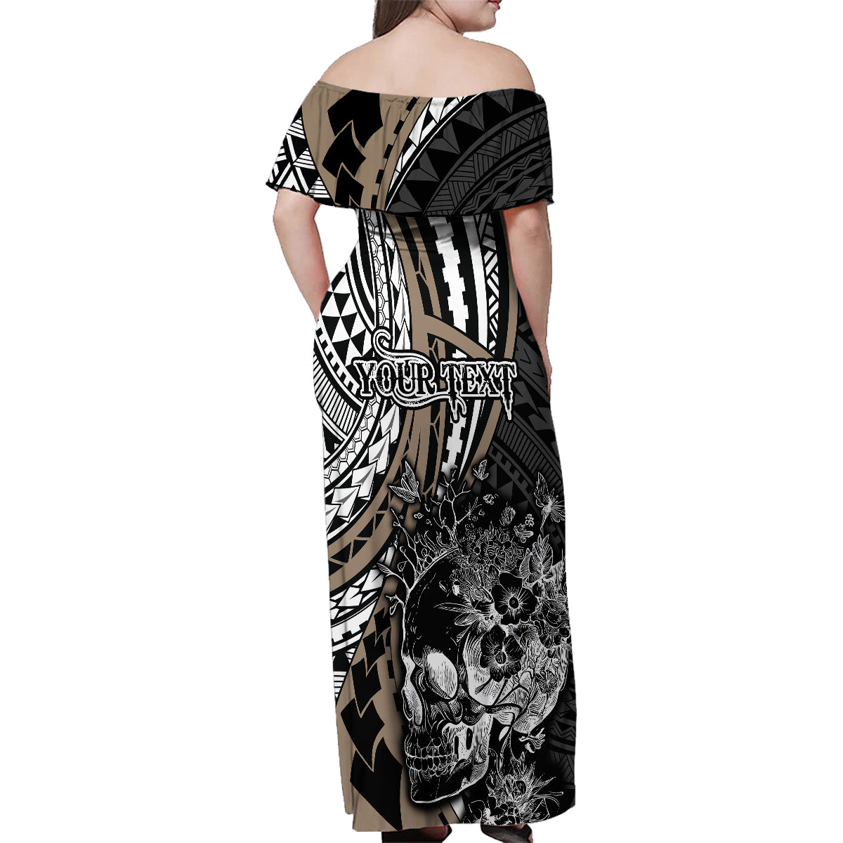 personalised-polynesia-skull-family-matching-off-shoulder-maxi-dress-and-hawaiian-shirt-tattoo-in-the-style-of-maori-with-marine-life-gold