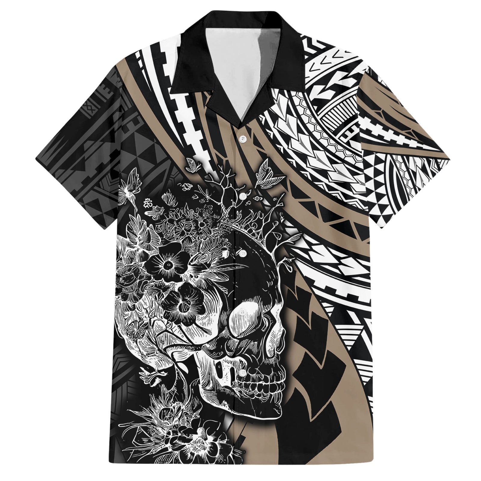 personalised-polynesia-skull-hawaiian-shirt-tattoo-in-the-style-of-maori-with-marine-life-gold