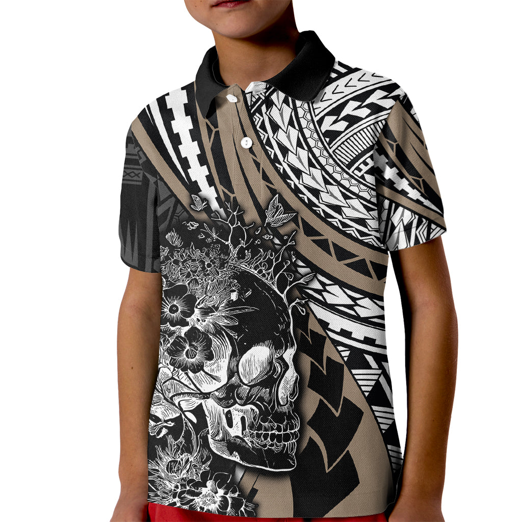 Personalised Polynesia Skull Kid Polo Shirt Tattoo In The Style Of Maori With Marine Life Gold LT9 Kid Gold - Polynesian Pride