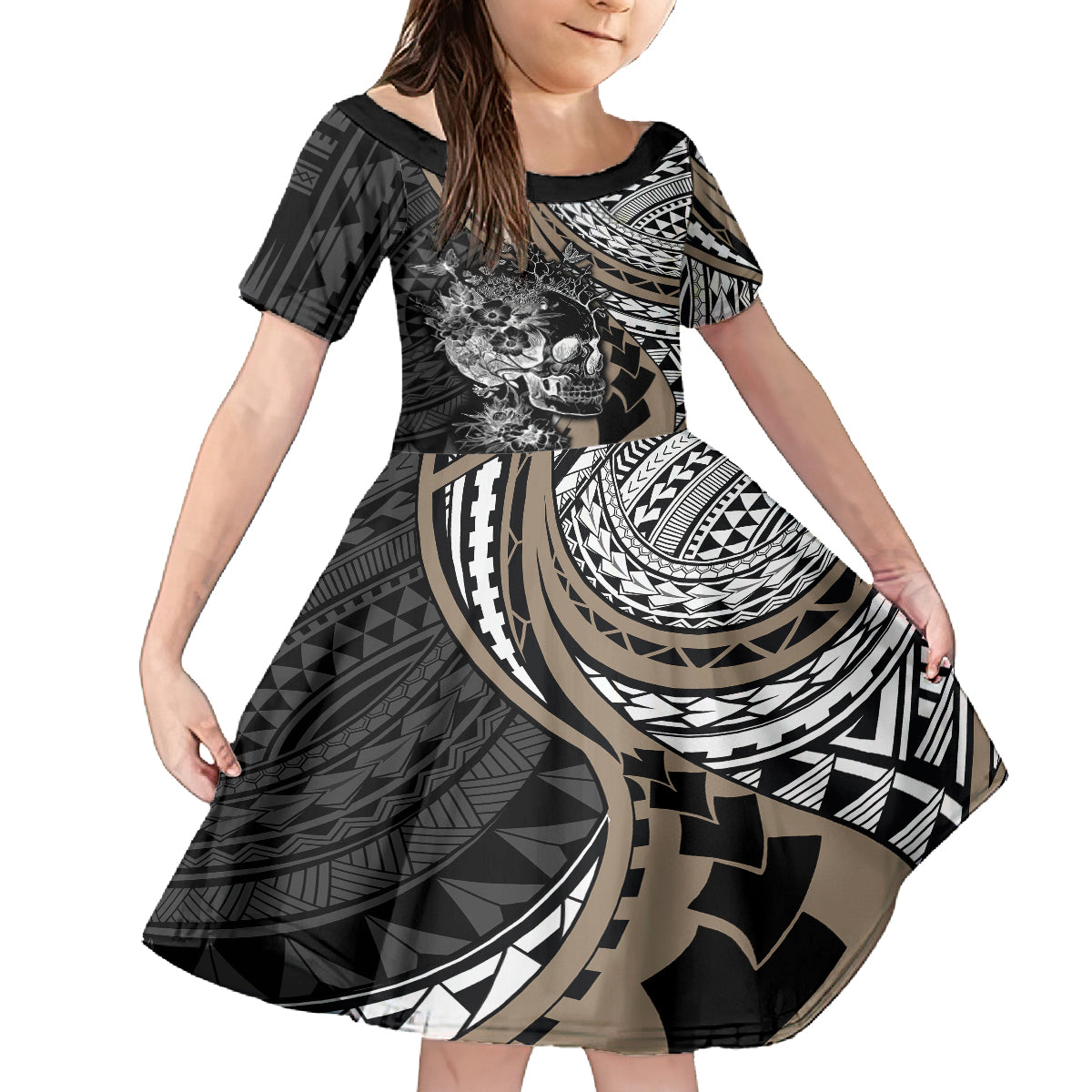 personalised-polynesia-skull-kid-short-sleeve-dress-tattoo-in-the-style-of-maori-with-marine-life-gold